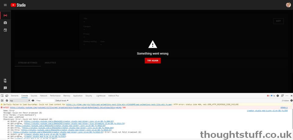 How To Fix Something Went Wrong Error In Youtube Live Streaming The Thoughtstuff Blog