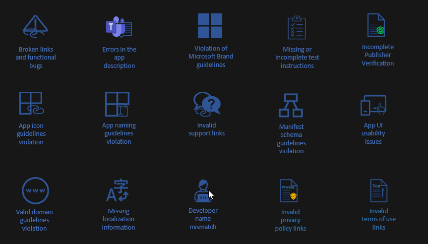 Broken links, functional bugs, app crashes, and unexpected errors
App description
Violation of Microsoft trademark and brand guidelines
Testability
Microsoft 365 App Compliance Program
Violation of app icon guidelines
App name
Support link
Manifest schema
App UI
Valid domains
Localization information
Provider or developer name mismatch
Privacy policy
Terms of use